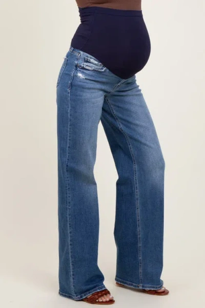 Pinkblush Lightly Distressed Wide Leg Maternity Jeans In Blue