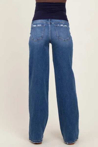 Pinkblush Lightly Distressed Wide Leg Maternity Jeans In Blue