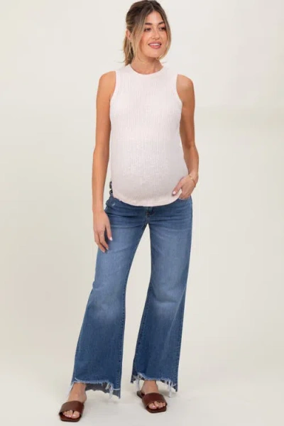 Pinkblush Distressed Fringe Hi-lo Hem Cropped Flare Maternity Jeans In Blue