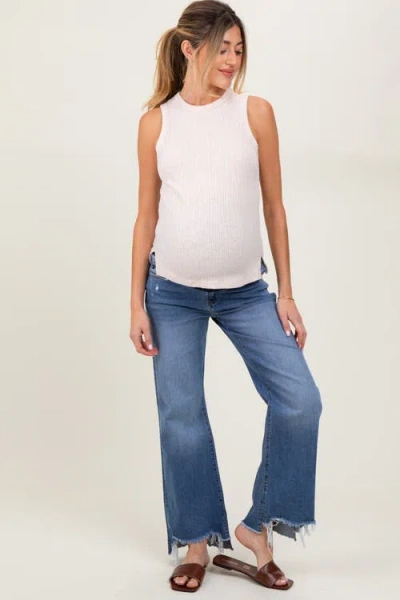 Pinkblush Distressed Fringe Hi-lo Hem Cropped Flare Maternity Jeans In Blue