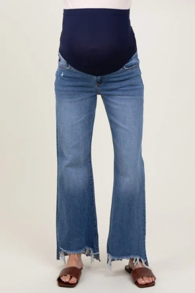 Pinkblush Distressed Fringe Hi-lo Hem Cropped Flare Maternity Jeans In Blue