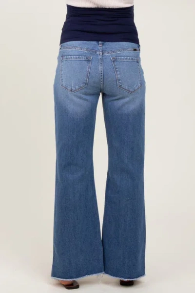 Pinkblush Distressed Fringe Hi-lo Hem Cropped Flare Maternity Jeans In Blue