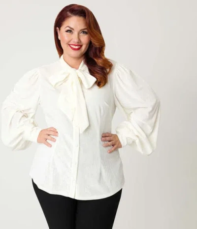 Unique Vintage Plus Size Long Sleeve Neck Tie Gwen Blouse In White