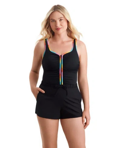 Shapesolver Sport Shirred Zipper Runaround Chlorine Resistant One-piece Swimsuit