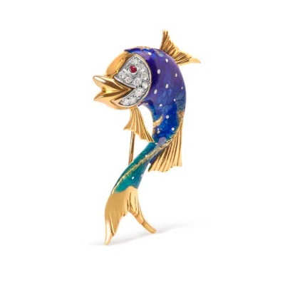 Haus Of Brilliance 18k Yellow Gold And Blue Enamel Diamond And Pink Sapphire Fish Brooch Pin In Multi