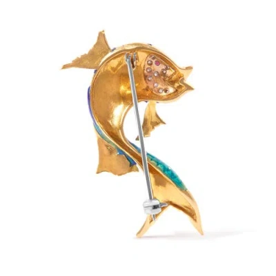 Haus Of Brilliance 18k Yellow Gold And Blue Enamel Diamond And Pink Sapphire Fish Brooch Pin In Multi