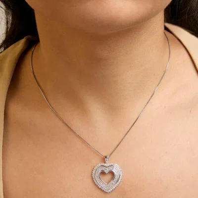 Haus Of Brilliance .925 Sterling Silver 1.0 Ctw Diamond Shadow Open Heart Halo Pendant Necklace In Metallic