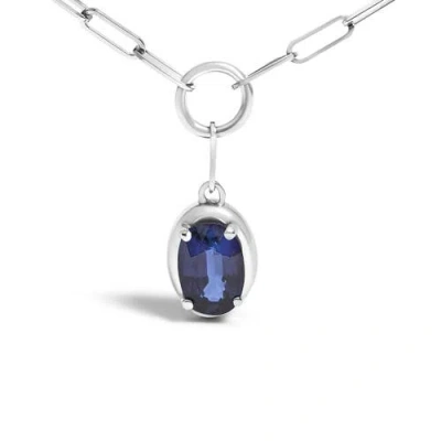 Haus Of Brilliance 10k White Gold 6x4 Mm Oval Blue Sapphire Solitaire Paperclip Pendant Necklace In Gray