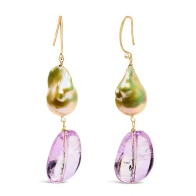 Haus Of Brilliance 14k Yellow Gold Amethyst And Baroque Pearl Drop And Dangle Earrings In Gold