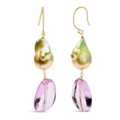 Haus Of Brilliance 14k Yellow Gold Amethyst And Baroque Pearl Drop And Dangle Earrings In Gold