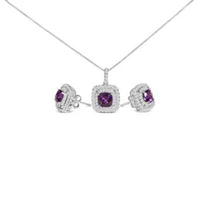Haus Of Brilliance .925 Sterling Silver Created Purple Amethyst And White Sapphire Halo Pendant Earring Set In Metallic