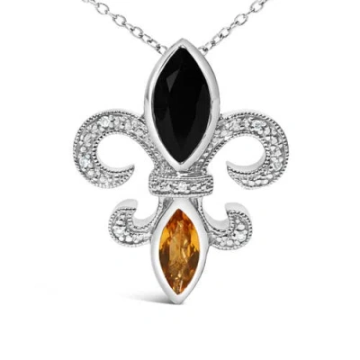 Haus Of Brilliance .925 Sterling Silver Marquise Onyx And Citrine And Diamond Accent Fleur De Lis Pendant Necklace In Metallic