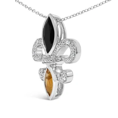 Haus Of Brilliance .925 Sterling Silver Marquise Onyx And Citrine And Diamond Accent Fleur De Lis Pendant Necklace In Metallic