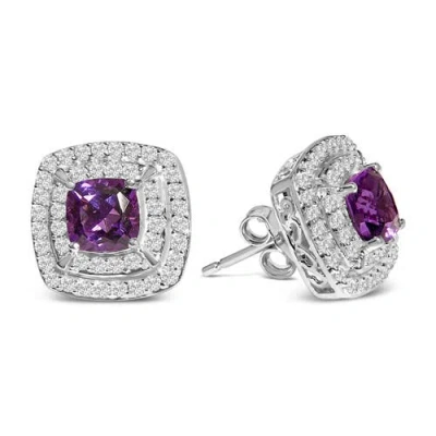 Haus Of Brilliance .925 Sterling Silver Created Purple Amethyst And White Sapphire Halo Pendant Earring Set In Metallic