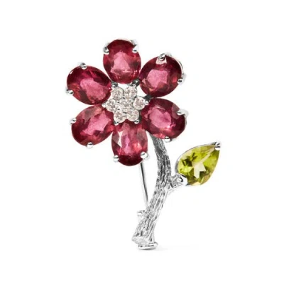 Haus Of Brilliance 18k White Gold 1/3 Ct Diamond Tourmaline & Peridot Flower & Leaf Tulip Brooch Pin In Red