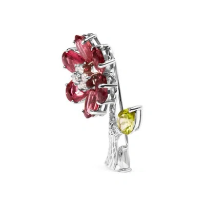 Haus Of Brilliance 18k White Gold 1/3 Ct Diamond Tourmaline & Peridot Flower & Leaf Tulip Brooch Pin In Red