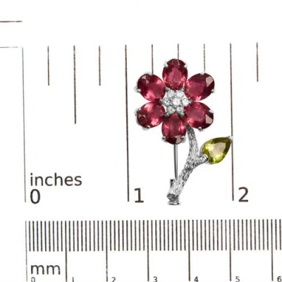Haus Of Brilliance 18k White Gold 1/3 Ct Diamond Tourmaline & Peridot Flower & Leaf Tulip Brooch Pin In Red