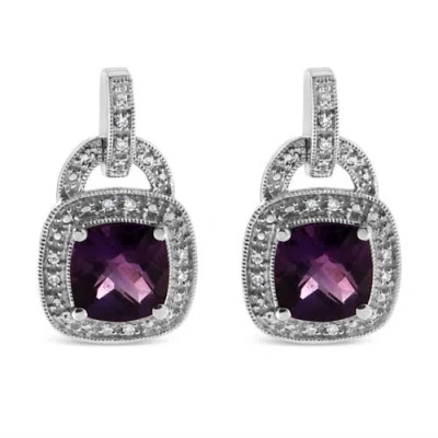 Haus Of Brilliance .925 Sterling Silver 8mm Natural Cushion Shaped Amethyst And Diamond Accent Halo With Push Back Dang In Purple