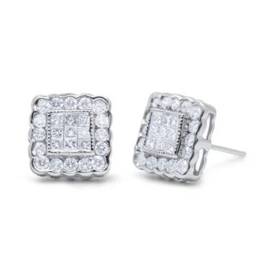 Haus Of Brilliance 14k White Gold 1.0 Cttw Diamond Scallop-edge Framed Square Halo Stud Earrings In White
