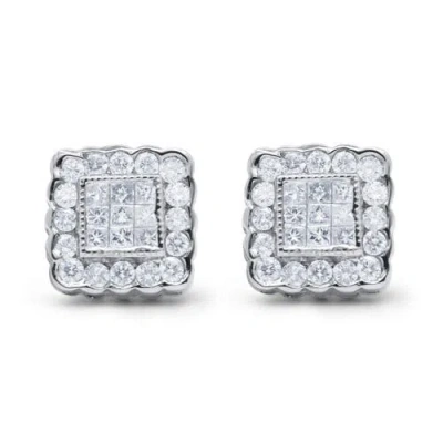 Haus Of Brilliance 14k White Gold 1.0 Cttw Diamond Scallop-edge Framed Square Halo Stud Earrings In White