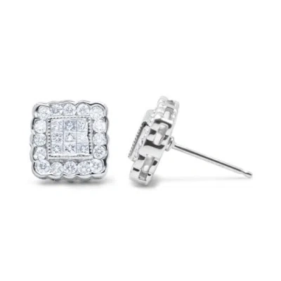 Haus Of Brilliance 14k White Gold 1.0 Cttw Diamond Scallop-edge Framed Square Halo Stud Earrings In White