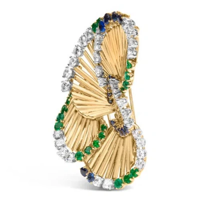 Haus Of Brilliance 18k Yellow Gold 2 1/3 Cttw Diamond, Sapphire, And Emerald Sculpted Petal Brooch Pin In Gold