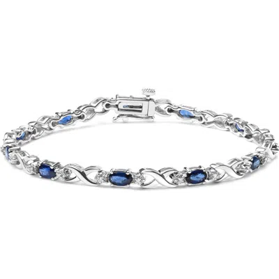 Haus Of Brilliance 10k White Gold 5x4mm Oval Sapphire Gemstone And 1/10 Cttw Diamond Prong Set "x" Link Bracelet In Metallic