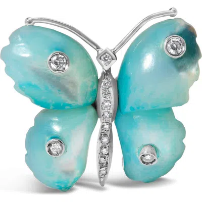 Haus Of Brilliance 18k White Gold Blue Mother Of Pearl And Diamond Accent Butterfly Pin Brooch In Metallic