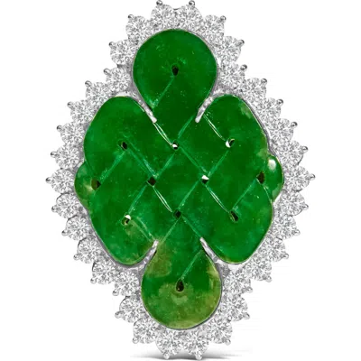 Haus Of Brilliance 18k White Gold 2.00 Cttw Diamond Halo And Jade Shield Brooch Pin And Pendant In Green