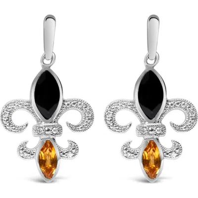 Haus Of Brilliance .925 Sterling Silver Marquise Cut Onyx And Citrine With Diamond Accent Fleur De Lis Drop Stud Earrin In White