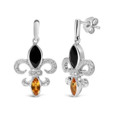 Haus Of Brilliance .925 Sterling Silver Marquise Cut Onyx And Citrine With Diamond Accent Fleur De Lis Drop Stud Earrin In White