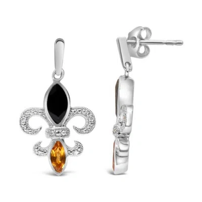 Haus Of Brilliance .925 Sterling Silver Marquise Cut Onyx And Citrine With Diamond Accent Fleur De Lis Drop Stud Earrin In White