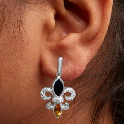Haus Of Brilliance .925 Sterling Silver Marquise Cut Onyx And Citrine With Diamond Accent Fleur De Lis Drop Stud Earrin In White