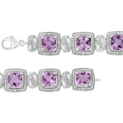Haus Of Brilliance Silver 7x7 Mm Cushion Purple Amethyst And 1/10 Cttw Diamond Tennis Bracelet In White