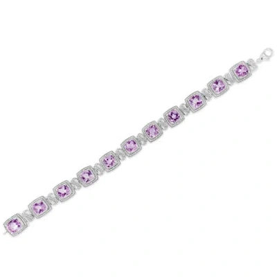 Haus Of Brilliance Silver 7x7 Mm Cushion Purple Amethyst And 1/10 Cttw Diamond Tennis Bracelet In White
