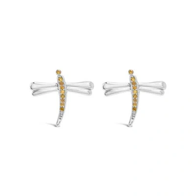 Haus Of Brilliance .925 Sterling Silver Yellow Diamond Accent Dragonfly Stud Earrings In Metallic
