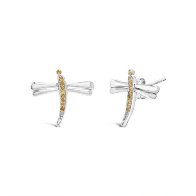 Haus Of Brilliance .925 Sterling Silver Yellow Diamond Accent Dragonfly Stud Earrings In Metallic