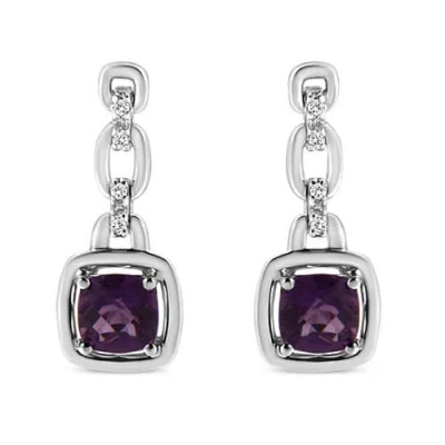 Haus Of Brilliance .925 Sterling Silver 6x6mm Cushion Shaped Natural Purple Amethyst And Diamond Accent Drop And Dangle In Purple