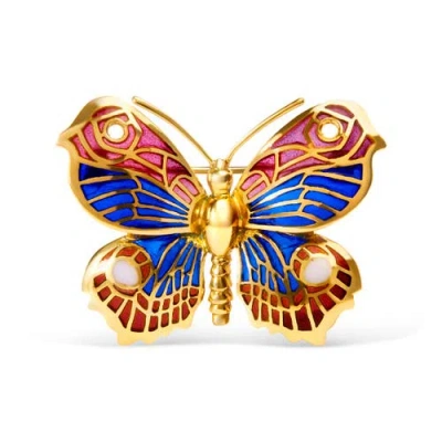 Haus Of Brilliance 18k Yellow Gold Red, Blue, And White Enameled Butterfly Brooch Pin In Gold
