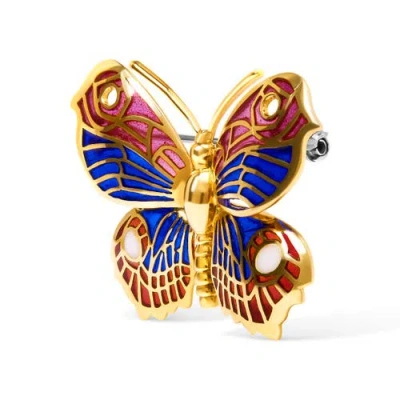 Haus Of Brilliance 18k Yellow Gold Red, Blue, And White Enameled Butterfly Brooch Pin In Gold