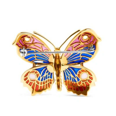 Haus Of Brilliance 18k Yellow Gold Red, Blue, And White Enameled Butterfly Brooch Pin In Gold