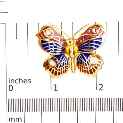 Haus Of Brilliance 18k Yellow Gold Red, Blue, And White Enameled Butterfly Brooch Pin In Gold