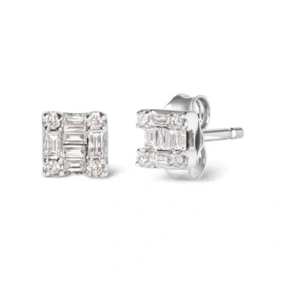 Haus Of Brilliance 10k White Gold 1/7 Cttw Round And Baguette Diamond Mosaic Square Stud Earrings In White
