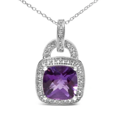 Haus Of Brilliance Silver 10x10 Mm Cushion Purple Amethyst And Diamond Accent Halo Pendant Necklace In Purple