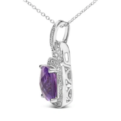 Haus Of Brilliance Silver 10x10 Mm Cushion Purple Amethyst And Diamond Accent Halo Pendant Necklace In Purple
