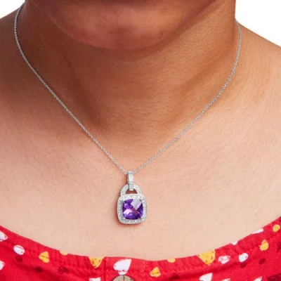 Haus Of Brilliance Silver 10x10 Mm Cushion Purple Amethyst And Diamond Accent Halo Pendant Necklace In Purple