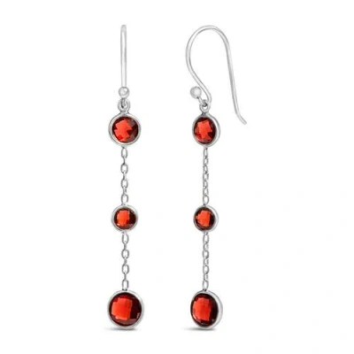 Haus Of Brilliance .925 Sterling Silver Graduating Bezel Set Red Garnet Dangle Earring In Metallic