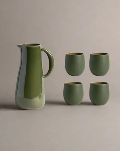 Gharyan Stoneware Serenity Jug & Cup Set In Green
