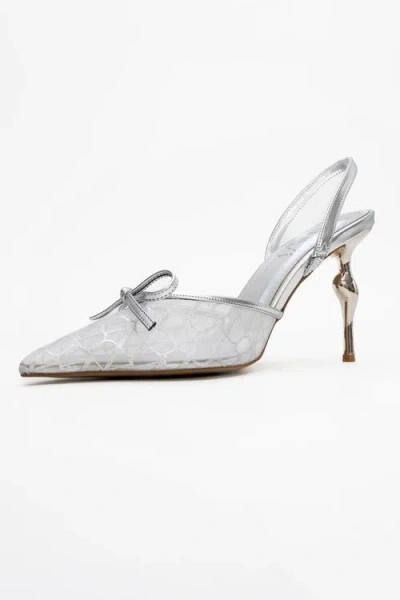 Prologue Shoes Peony Mesh Bow Pointed Toe Pump In Silver