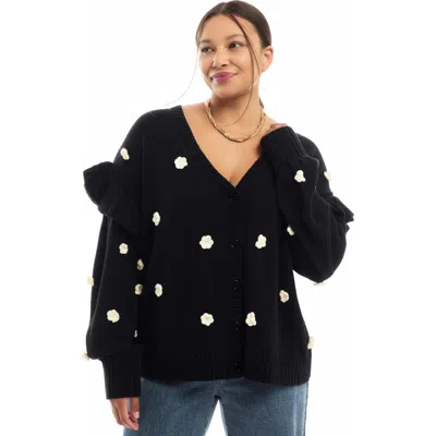 June + Vie Ruffle-sleeve Cardigan In Black
